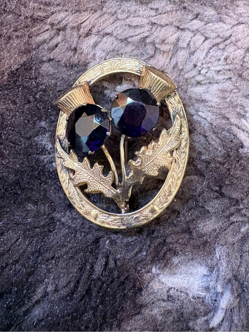 Vintage Gold Toned Thistle Brooch with Deep Purple Crystals